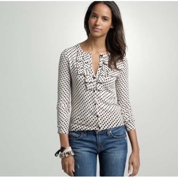 J. Crew Sweaters - J. Crew Womens Sweater Medium Cream Black Polka Dot Merino Wool Cardigan